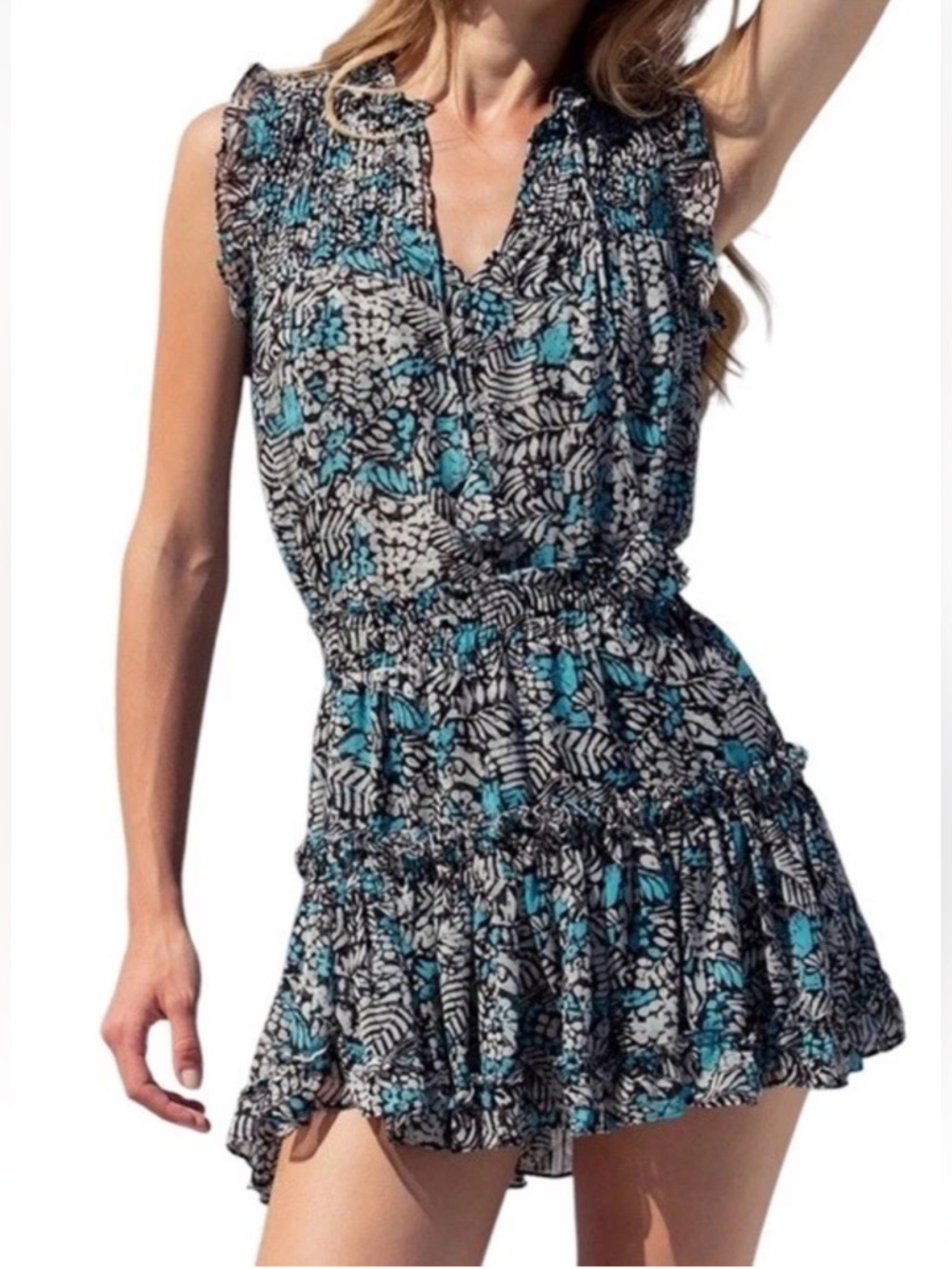 MISA Agot Smocked Waist Dress Blue Gray S Small Ruffle Sleeve Mini V-Neck